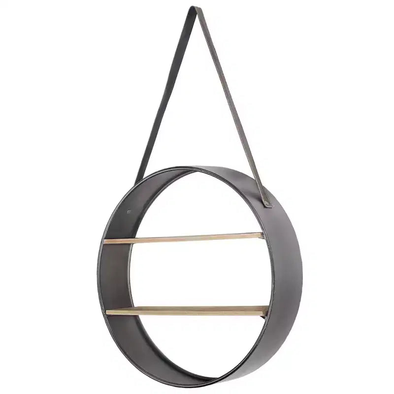 33" Round Metal and Wood Hanging Wall Shelf Brown - American Art Decor: Modern Curio Storage, No Assembly