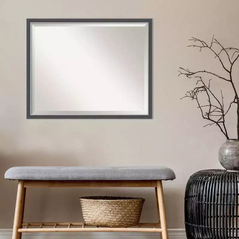 Miroir mural de salle de bain à cadre fin Eva, 30"x 24", noir/argent, rectangulaire moderne, biseauté, mural