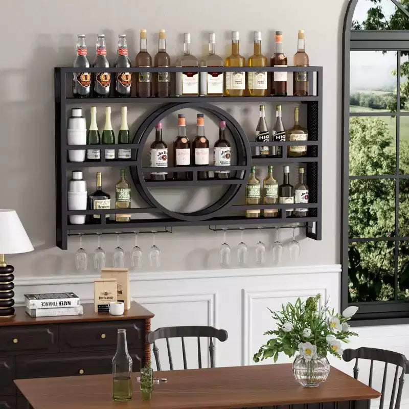 Bekrvio Casier à vin mural à 3 niveaux, étagères de bar flottantes en métal de 99 cm/119 cm avec porte-verres à vin, étagère à liqueur industrielle pour bar à domicile