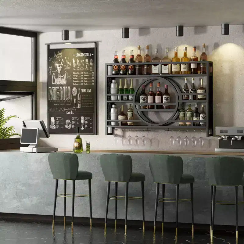Bekrvio Casier à vin mural à 3 niveaux, étagères de bar flottantes en métal de 99 cm/119 cm avec porte-verres à vin, étagère à liqueur industrielle pour bar à domicile
