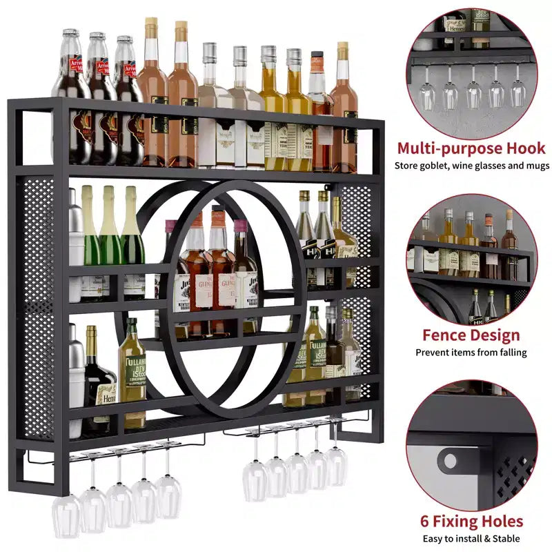 Bekrvio Casier à vin mural à 3 niveaux, étagères de bar flottantes en métal de 99 cm/119 cm avec porte-verres à vin, étagère à liqueur industrielle pour bar à domicile