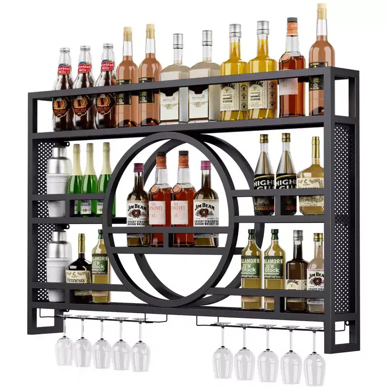 Bekrvio Casier à vin mural à 3 niveaux, étagères de bar flottantes en métal de 99 cm/119 cm avec porte-verres à vin, étagère à liqueur industrielle pour bar à domicile
