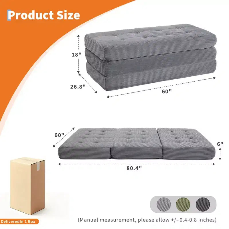 Matelas pliable trois sections de 6 pouces, canapé-lit de sol capitonné Queen, lit pliant avec mousse de support haute densité