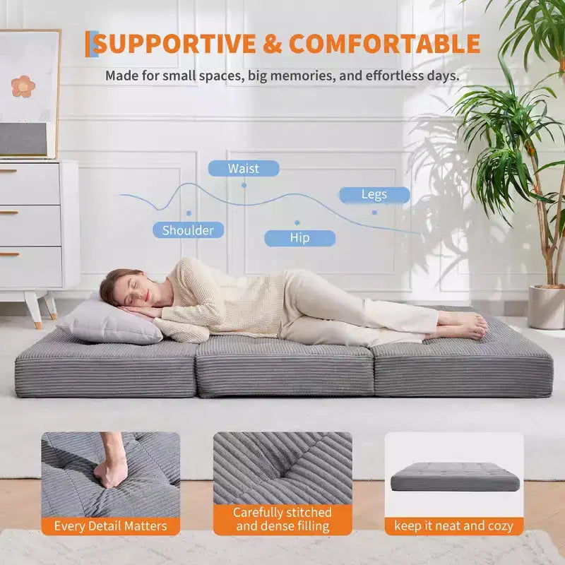 Matelas pliable trois sections de 6 pouces, canapé-lit de sol capitonné Queen, lit pliant avec mousse de support haute densité