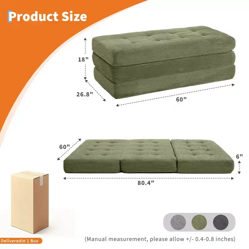 Matelas pliable trois sections de 6 pouces, canapé-lit de sol capitonné Queen, lit pliant avec mousse de support haute densité