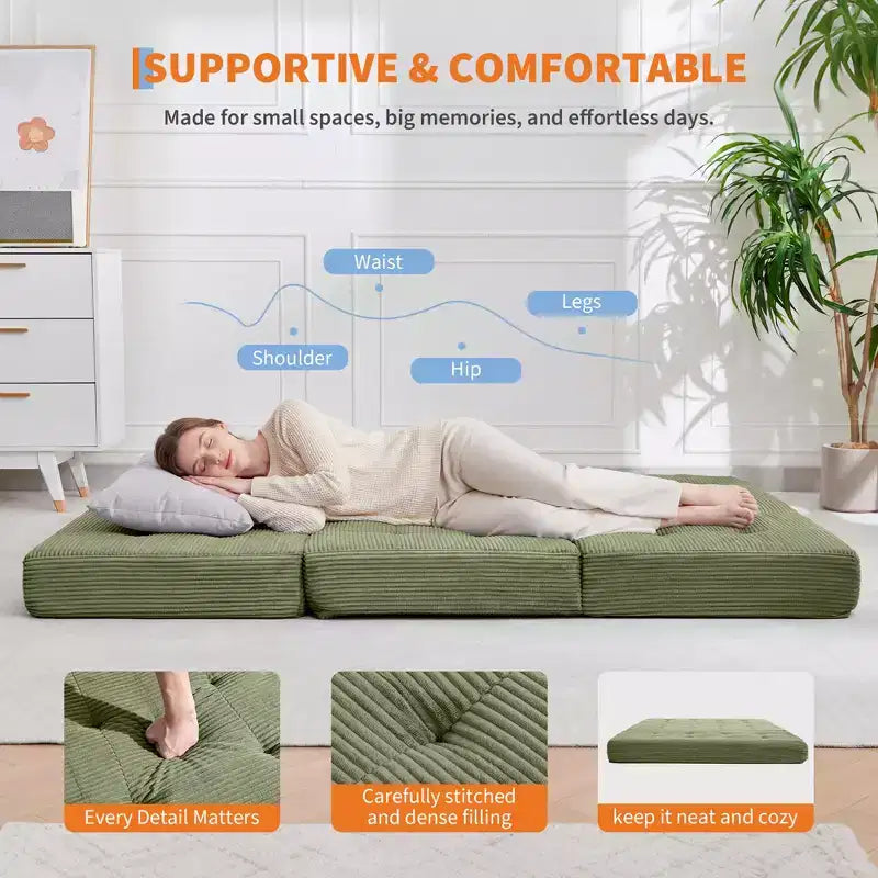 Matelas pliable trois sections de 6 pouces, canapé-lit de sol capitonné Queen, lit pliant avec mousse de support haute densité