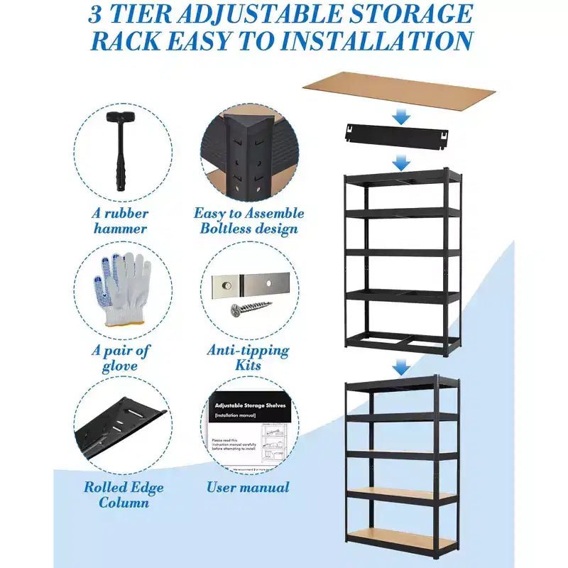 Étagère de garage 36x18x72, étagères réglables en métal robustes, rayonnage de rangement à 5 niveaux, capacité de 1134 kg, acier de qualité industrielle avec panneaux MDF
