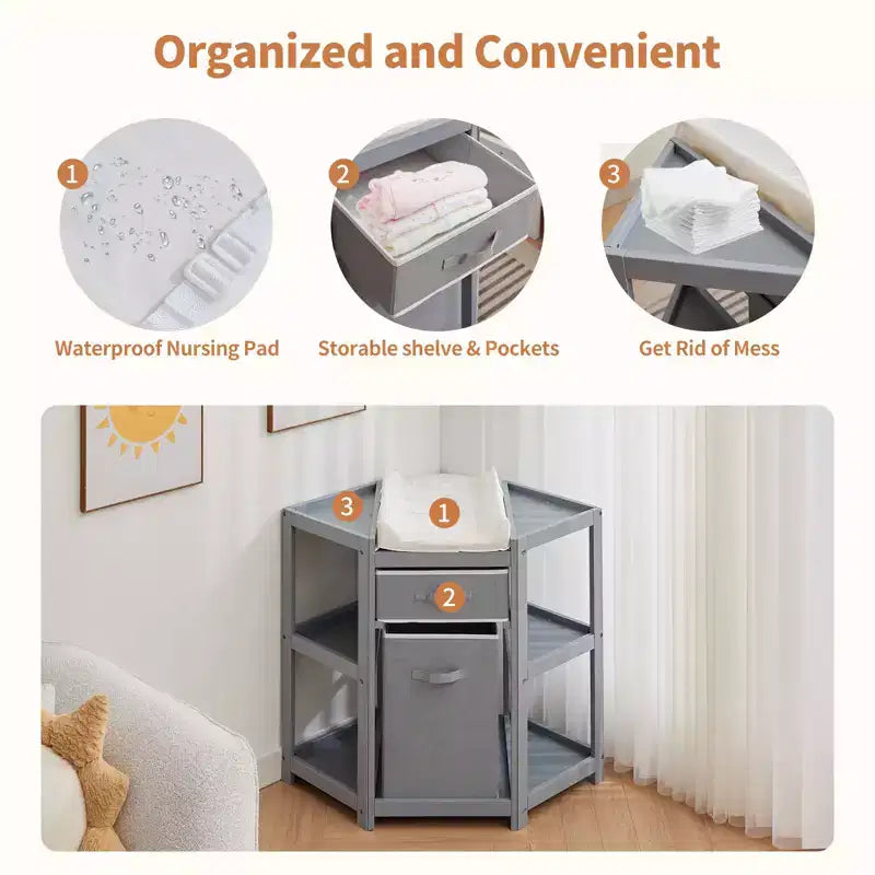 Table à langer d'angle compacte avec tiroir de rangement, panier à linge et matelas imperméable, meuble à langer moderne en bois pour chambre de bébé, gris
