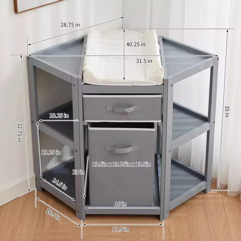 Table à langer d'angle compacte avec tiroir de rangement, panier à linge et matelas imperméable, meuble à langer moderne en bois pour chambre de bébé, gris