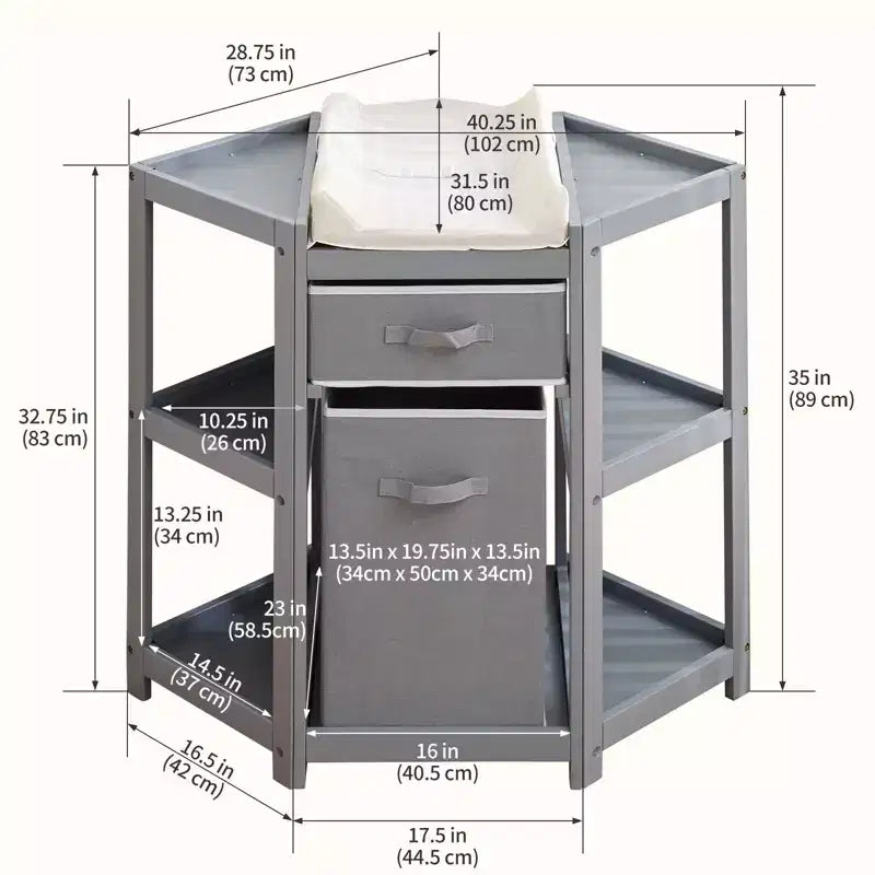 Table à langer d'angle compacte avec tiroir de rangement, panier à linge et matelas imperméable, meuble à langer moderne en bois pour chambre de bébé, gris