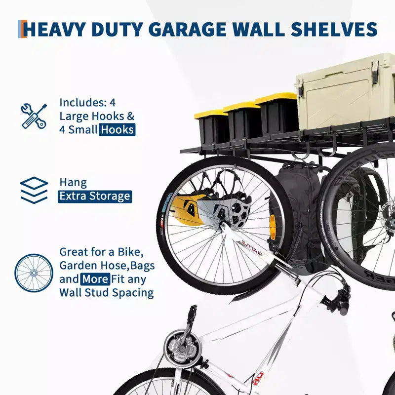 Étagères murales de garage robustes, lot de 2, 60x120 cm, rack métallique mural avec crochets, capacité de 90 kg chacune, gain de place pour garage/atelier/maison, installation facile