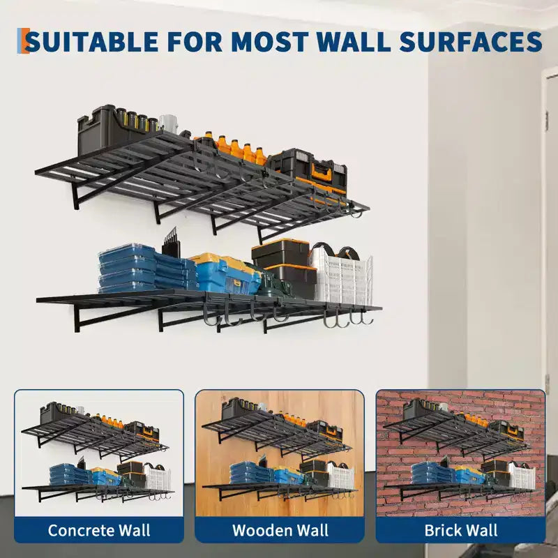 Étagères murales de garage robustes, lot de 2, 60x120 cm, rack métallique mural avec crochets, capacité de 90 kg chacune, gain de place pour garage/atelier/maison, installation facile