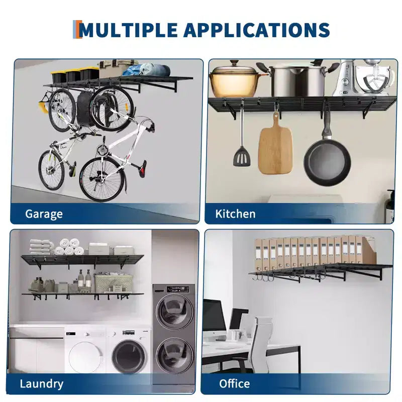 Étagères murales de garage robustes, lot de 2, 60x120 cm, rack métallique mural avec crochets, capacité de 90 kg chacune, gain de place pour garage/atelier/maison, installation facile