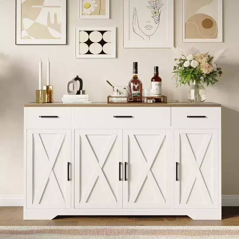 Meuble de Rangement Buffet avec Tiroirs, Grand Bar à Café en Bois de 140 cm avec Étagères et Portes pour Cuisine, Salle à Manger, Salon