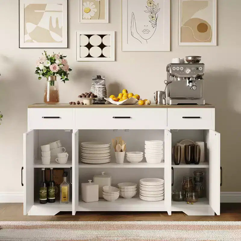Meuble de Rangement Buffet avec Tiroirs, Grand Bar à Café en Bois de 140 cm avec Étagères et Portes pour Cuisine, Salle à Manger, Salon