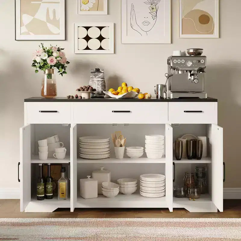 Meuble de Rangement Buffet avec Tiroirs, Grand Bar à Café en Bois de 140 cm avec Étagères et Portes pour Cuisine, Salle à Manger, Salon