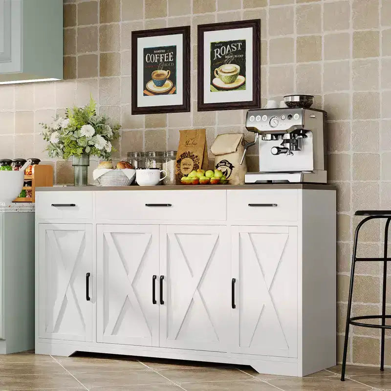 Meuble de Rangement Buffet avec Tiroirs, Grand Bar à Café en Bois de 140 cm avec Étagères et Portes pour Cuisine, Salle à Manger, Salon
