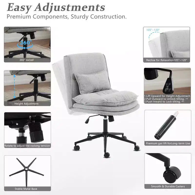 Chaise de bureau ergonomique pivotante sans accoudoirs, réglable en hauteur