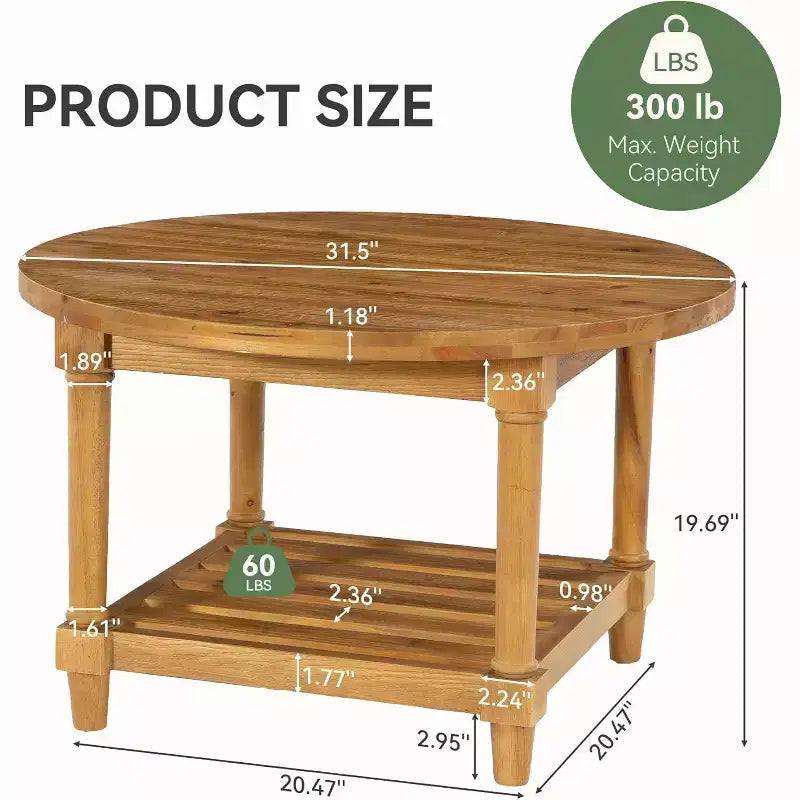 Table basse ronde, 80 cm, en bois massif de style ferme avec rangement, table de thé à 2 niveaux pour salon, petits espaces, appartement