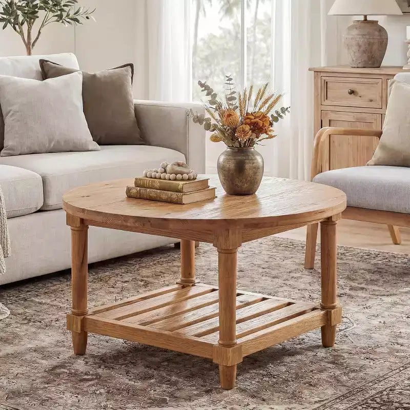 Table basse ronde, 80 cm, en bois massif de style ferme avec rangement, table de thé à 2 niveaux pour salon, petits espaces, appartement