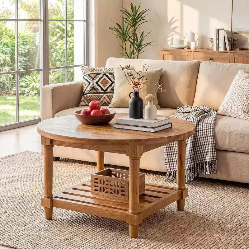 Table basse ronde, 80 cm, en bois massif de style ferme avec rangement, table de thé à 2 niveaux pour salon, petits espaces, appartement