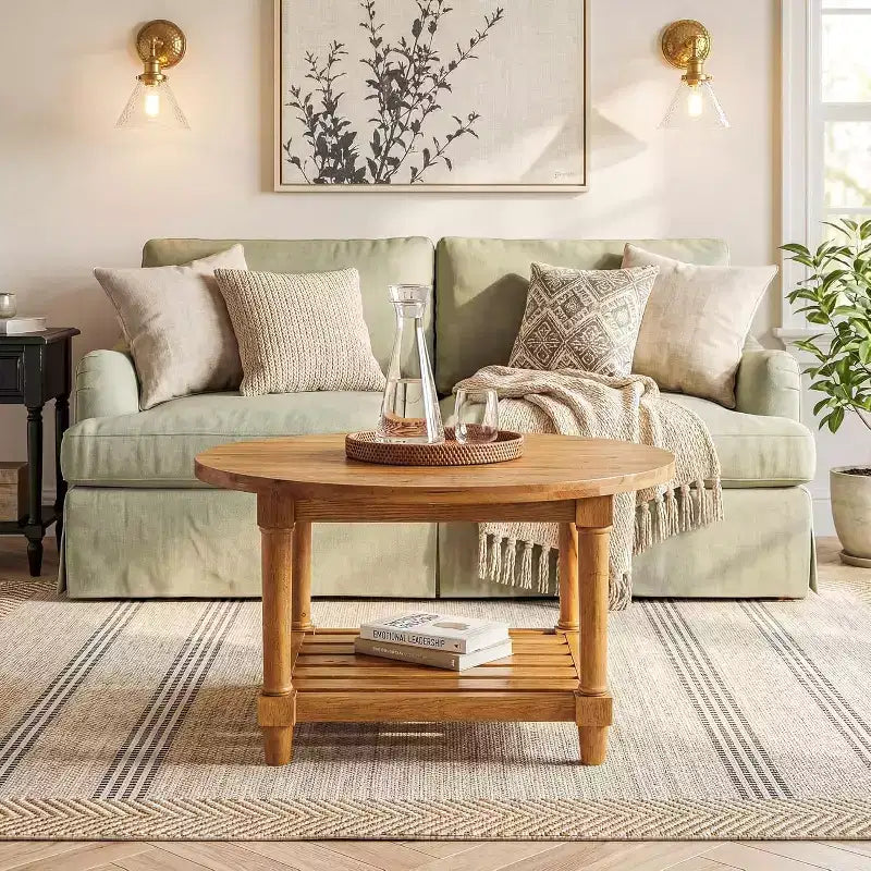 Table basse ronde, 80 cm, en bois massif de style ferme avec rangement, table de thé à 2 niveaux pour salon, petits espaces, appartement