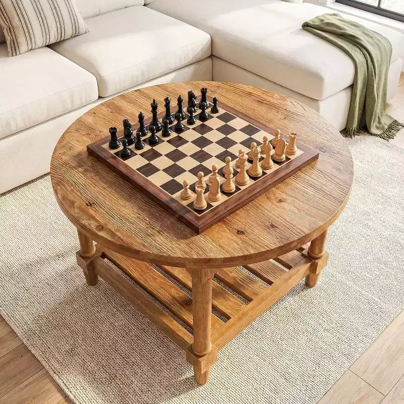 Table basse ronde, 80 cm, en bois massif de style ferme avec rangement, table de thé à 2 niveaux pour salon, petits espaces, appartement