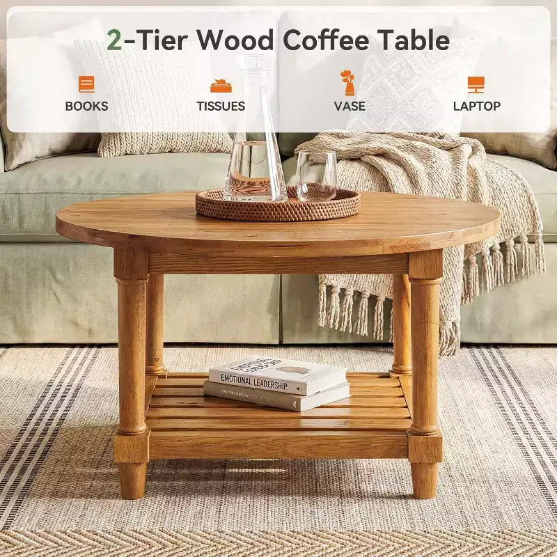 Table basse ronde, 80 cm, en bois massif de style ferme avec rangement, table de thé à 2 niveaux pour salon, petits espaces, appartement