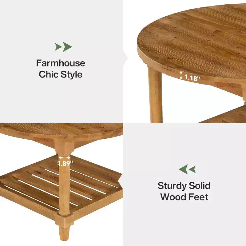 Table basse ronde, 80 cm, en bois massif de style ferme avec rangement, table de thé à 2 niveaux pour salon, petits espaces, appartement