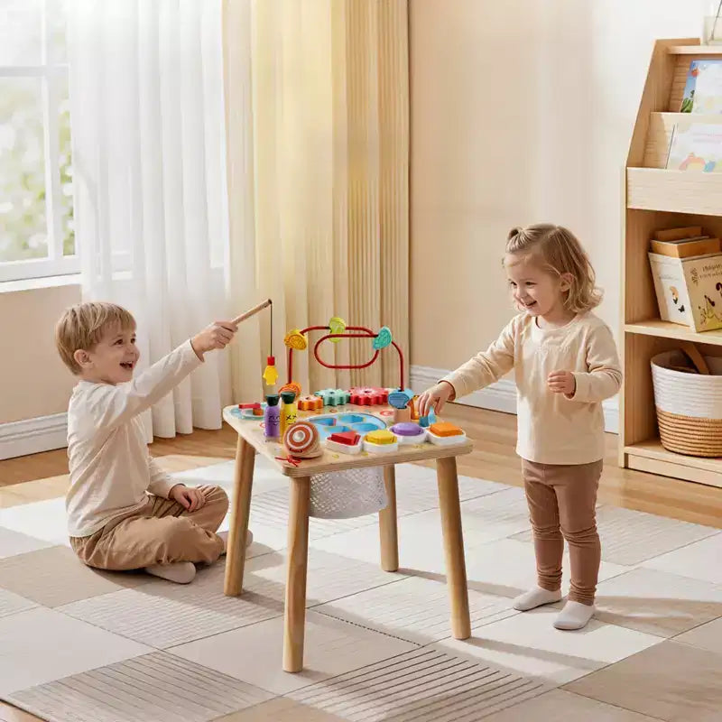 Table d'activités Montessori 8-en-1 en bois pour les tout-petits de 1 à 3 ans, bureau d'apprentissage multicolore