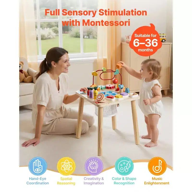 Table d'activités Montessori 8-en-1 en bois pour les tout-petits de 1 à 3 ans, bureau d'apprentissage multicolore