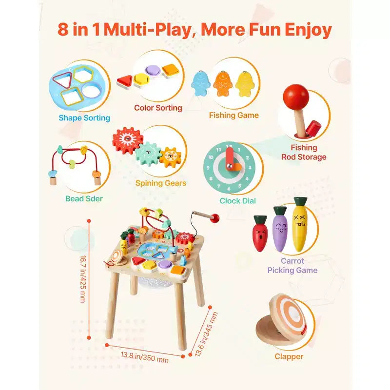 Table d'activités Montessori 8-en-1 en bois pour les tout-petits de 1 à 3 ans, bureau d'apprentissage multicolore