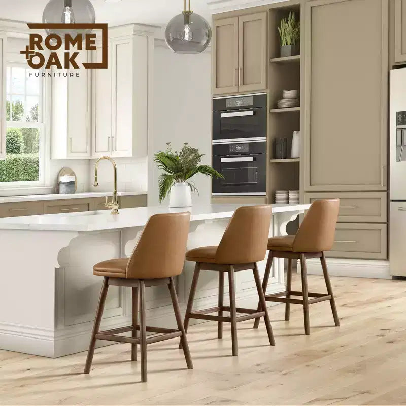 Lot de 4 tabourets de comptoir pivotants de 26 po, fini noyer et cuir brun