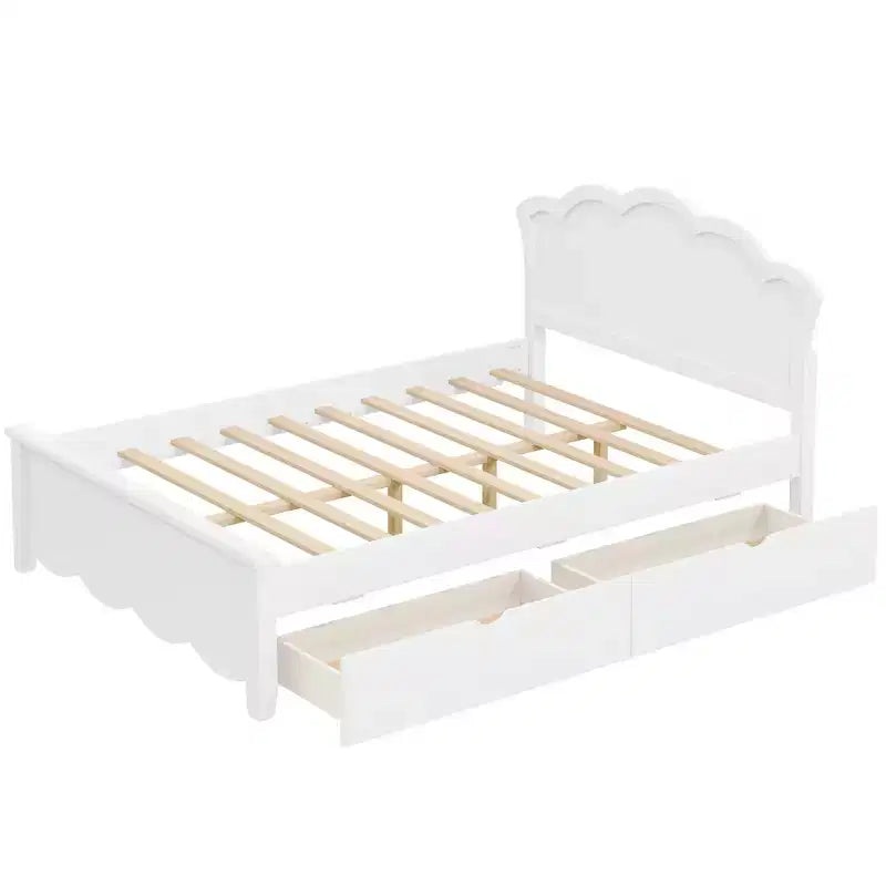 Lit plateforme moderne en bois avec tête de lit et 2 tiroirs, blanc