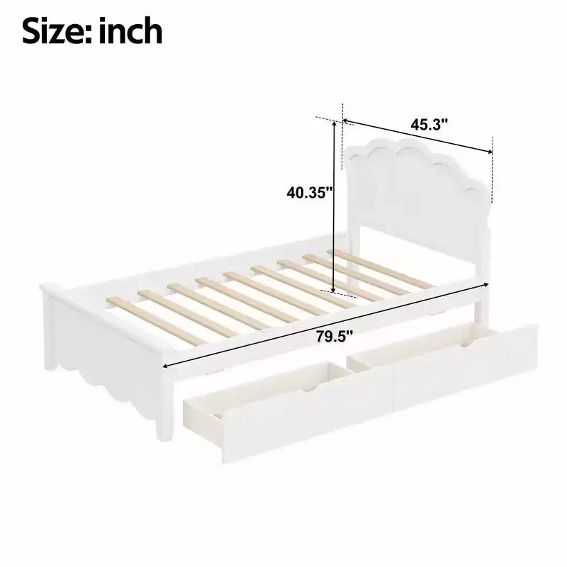 Lit plateforme moderne en bois avec tête de lit et 2 tiroirs, blanc