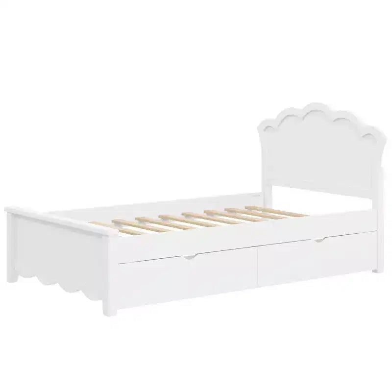 Lit plateforme moderne en bois avec tête de lit et 2 tiroirs, blanc