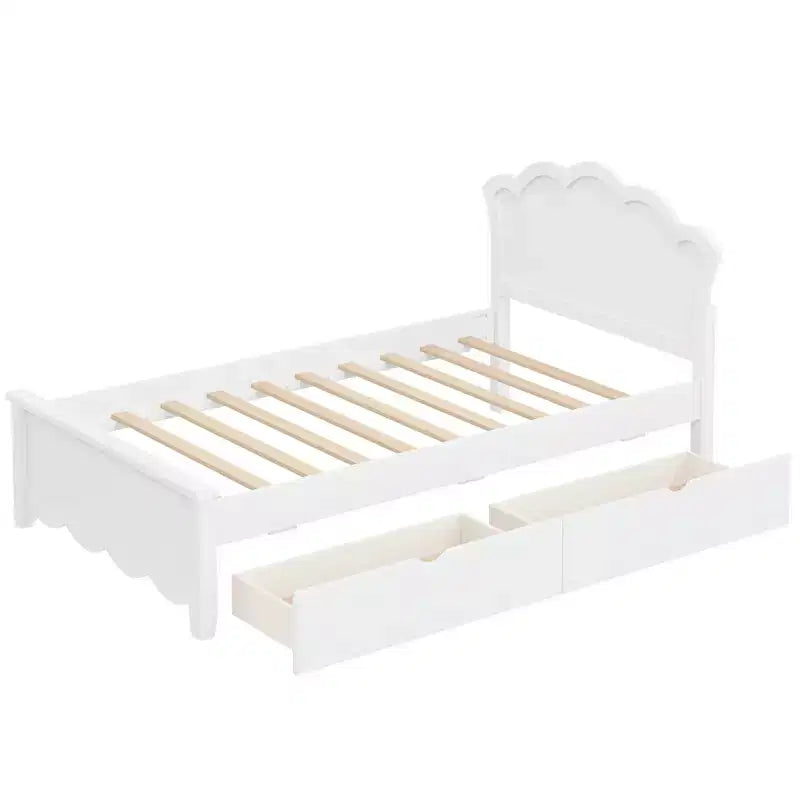 Lit plateforme moderne en bois avec tête de lit et 2 tiroirs, blanc