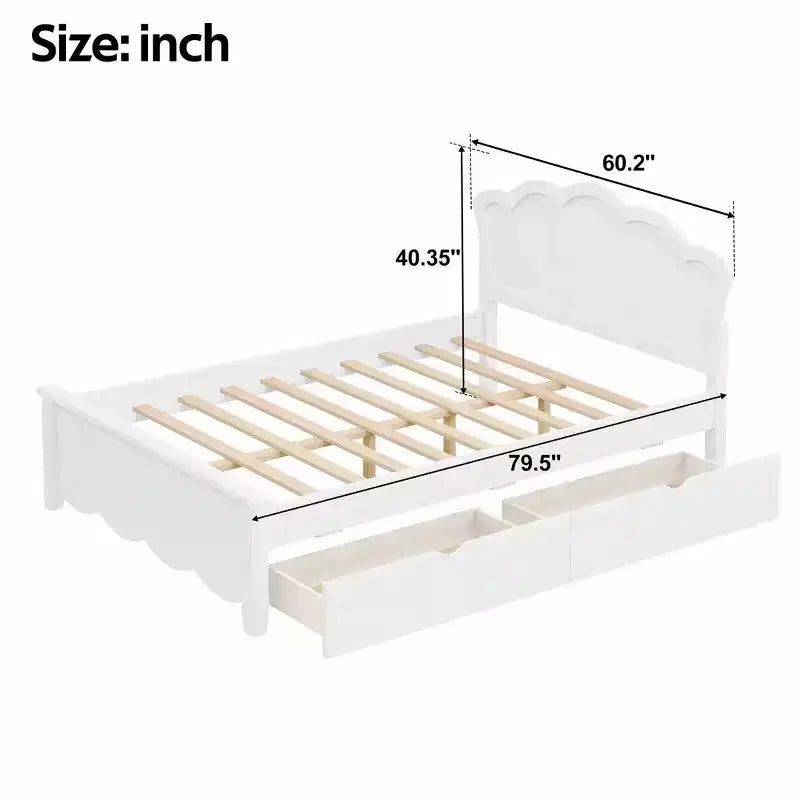 Lit plateforme moderne en bois avec tête de lit et 2 tiroirs, blanc