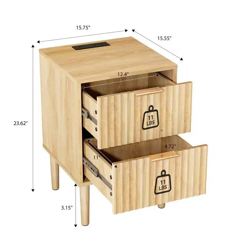 Table de chevet chêne 40 cm, MDF P2 15 mm, mélaminé et thermoformé, 2 tiroirs, prise américaine (1 USB + 1 Type C + 2 AC)