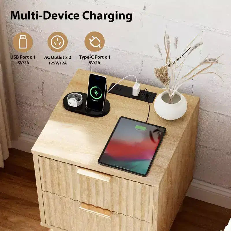 Table de chevet chêne 40 cm, MDF P2 15 mm, mélaminé et thermoformé, 2 tiroirs, prise américaine (1 USB + 1 Type C + 2 AC)