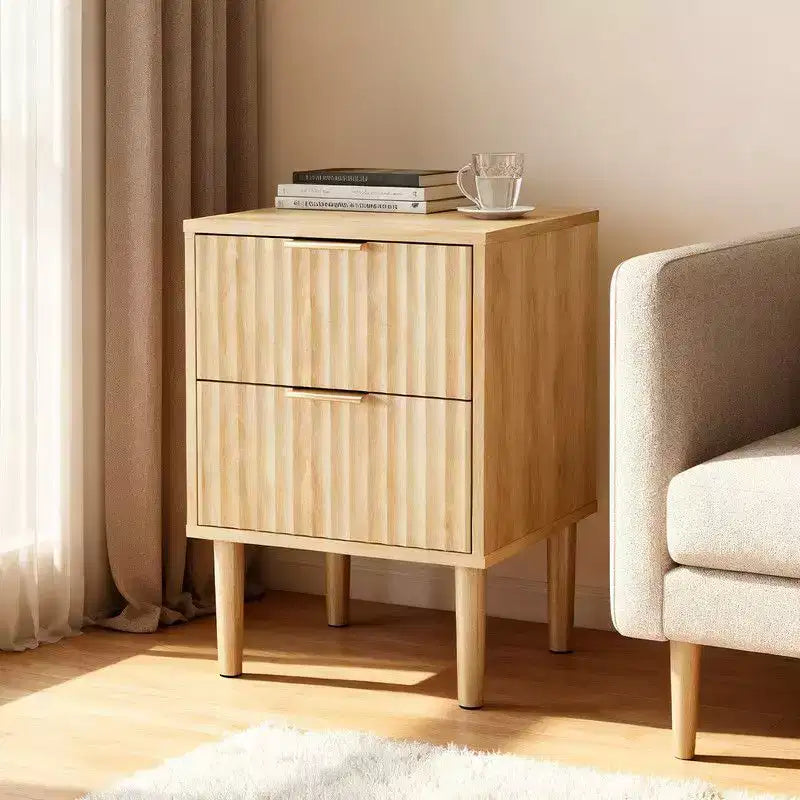 Table de chevet chêne 40 cm, MDF P2 15 mm, mélaminé et thermoformé, 2 tiroirs, prise américaine (1 USB + 1 Type C + 2 AC)