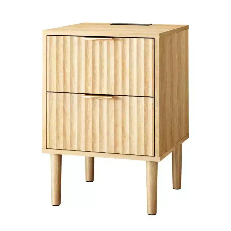 Table de chevet chêne 40 cm, MDF P2 15 mm, mélaminé et thermoformé, 2 tiroirs, prise américaine (1 USB + 1 Type C + 2 AC)