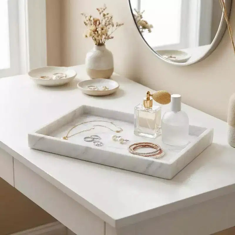 Élégant plateau de rangement à bijoux en marbre naturel, cadeau fête des mères, plateau en marbre véritable pour coiffeuse, salle de bain, décoration intérieure