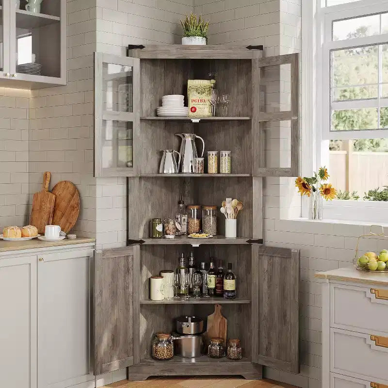 Meuble de Rangement d'Angle à 6 Niveaux avec Portes, Étagère de Sol Gain de Place pour Salle de Bain, Cuisine, Salon, Organisateur Polyvalent pour Petits Espaces