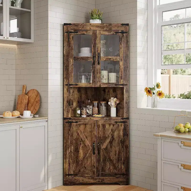 Meuble de Rangement d'Angle à 6 Niveaux avec Portes, Étagère de Sol Gain de Place pour Salle de Bain, Cuisine, Salon, Organisateur Polyvalent pour Petits Espaces