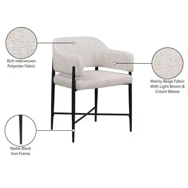 Chaise de salle à manger en tissu beige avec structure en fer noir mat, lot de 2