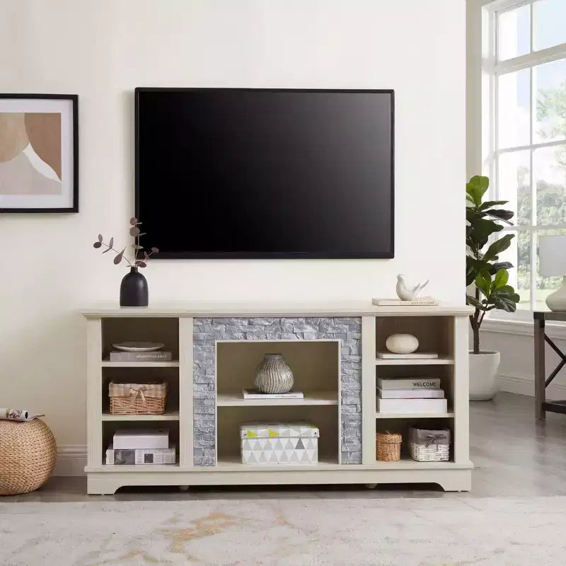 Meuble TV blanc de 58 po avec cadre en fausse pierre empilée et rangement ouvert