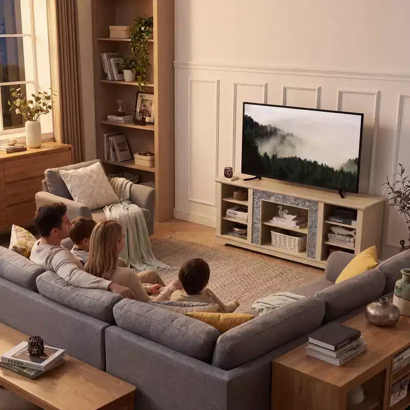 Meuble TV blanc de 58 po avec cadre en fausse pierre empilée et rangement ouvert