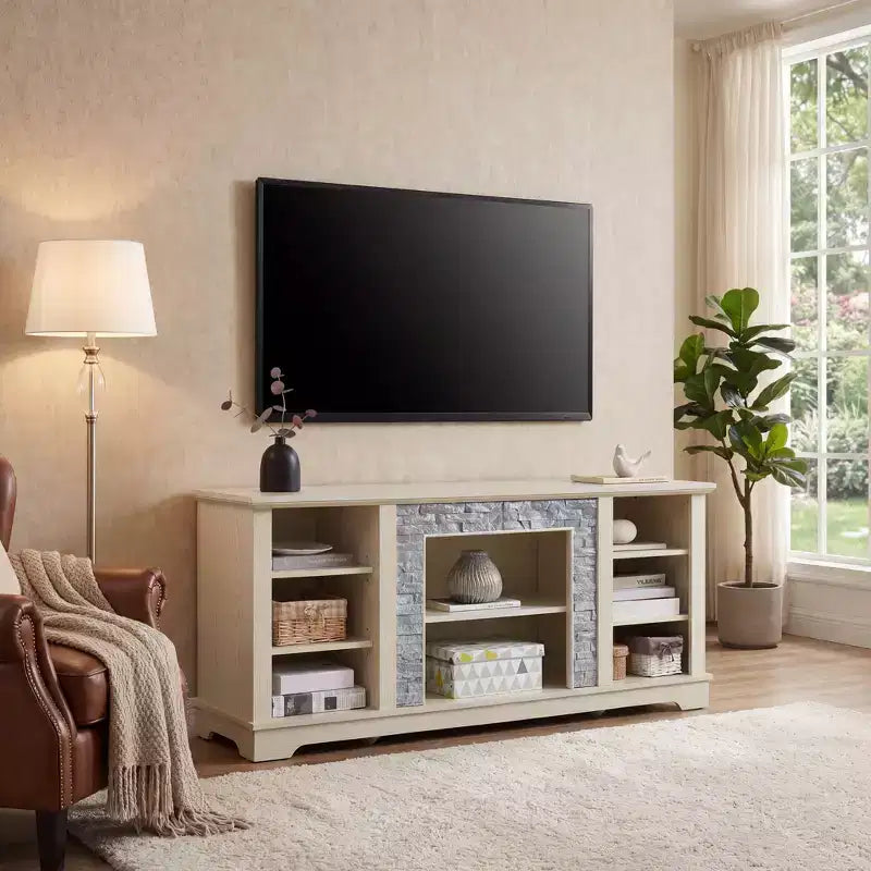 Meuble TV blanc de 58 po avec cadre en fausse pierre empilée et rangement ouvert