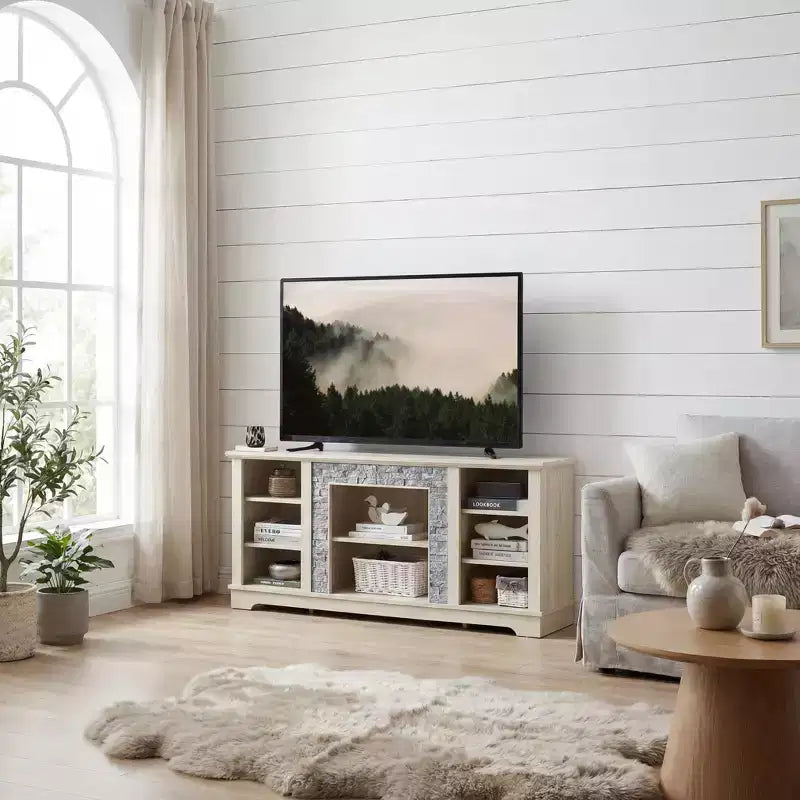Meuble TV blanc de 58 po avec cadre en fausse pierre empilée et rangement ouvert